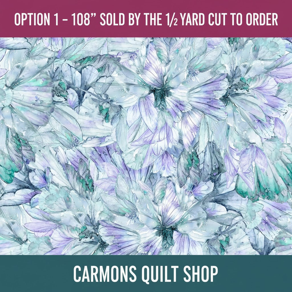 Carmon's Quilt Shop Make a Wish teal 108-inch wide cotton backing fabric with watercolor floral pattern