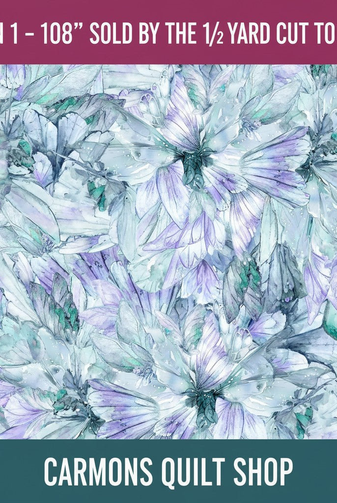 Carmon's Quilt Shop Make a Wish teal 108-inch wide cotton backing fabric with watercolor floral pattern