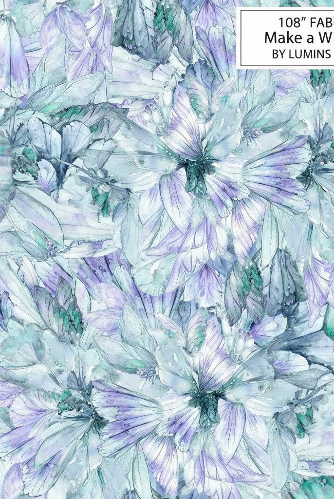 Carmon's Quilt Shop Make a Wish teal 108-inch wide cotton backing fabric featuring a watercolor floral pattern.