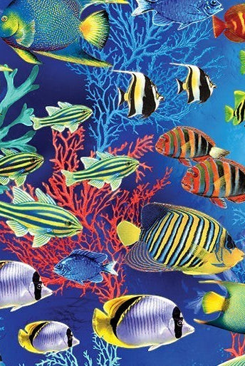 Carmon's Quilt Shop cotton fabric featuring a vibrant underwater scene with colorful tropical fish and coral reefs