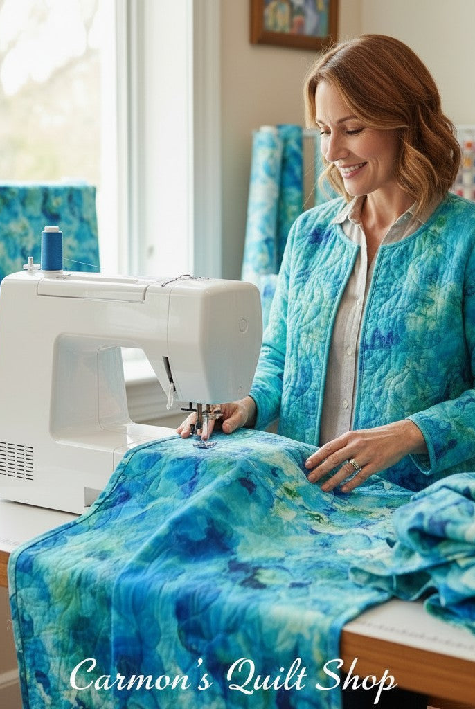Carmon's Quilt Shop woman sewing with turquoise watercolor cotton fabric on a white machine in a bright studio