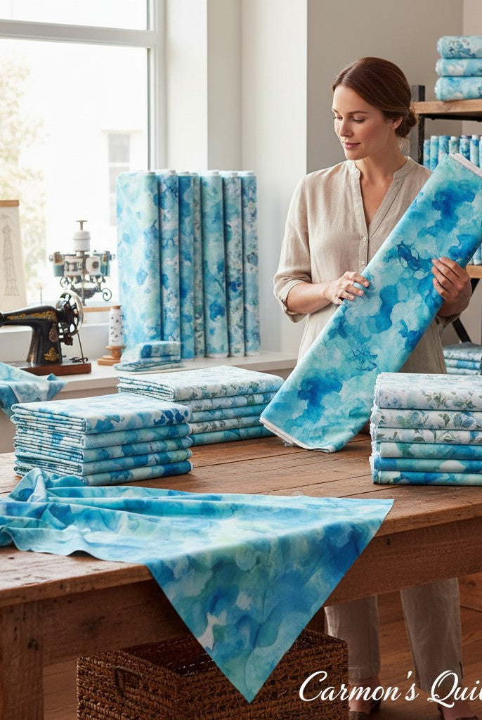 Carmon's Quilt Shop woman holding turquoise watercolor 108-inch wide cotton quilting fabric in a studio