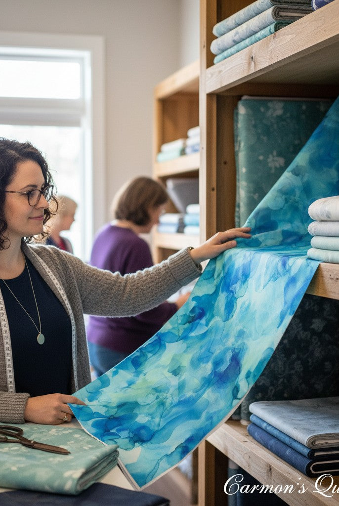 Carmon's Quilt Shop customer selecting turquoise Aura Watercolor cotton quilt backing fabric from a wooden shelf