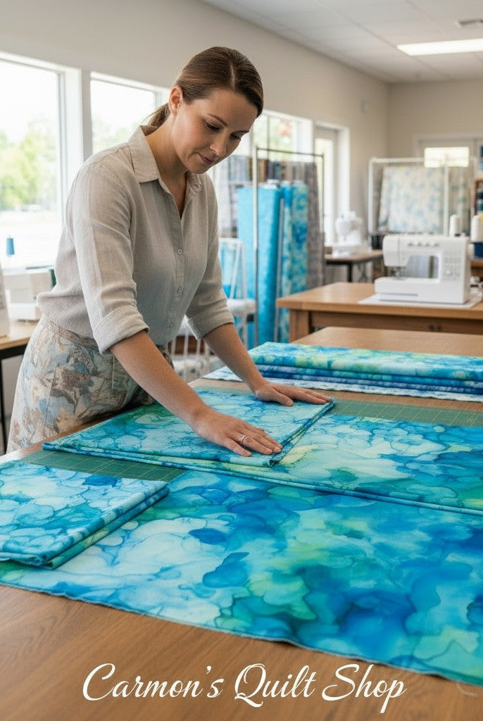 Carmon's Quilt Shop employee folding turquoise Aura Watercolor 108-inch wide cotton quilt backing fabric on a table.