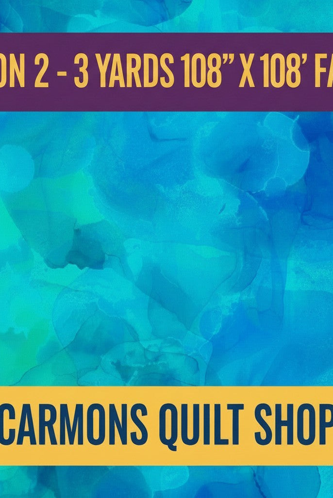 Carmon's Quilt Shop Aura Watercolor turquoise 108-inch wide cotton quilting fabric with artistic blue wash pattern.