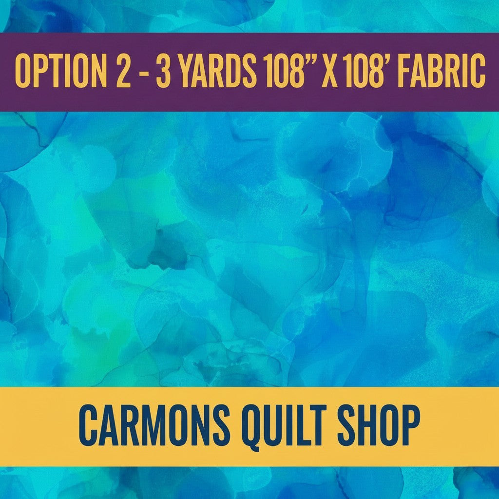 Carmon's Quilt Shop Aura Watercolor turquoise 108-inch wide cotton quilting fabric with artistic blue wash pattern.
