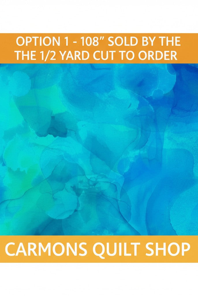 Carmon's Quilt Shop Aura Watercolor turquoise 108-inch wide cotton backing fabric with artistic abstract design.