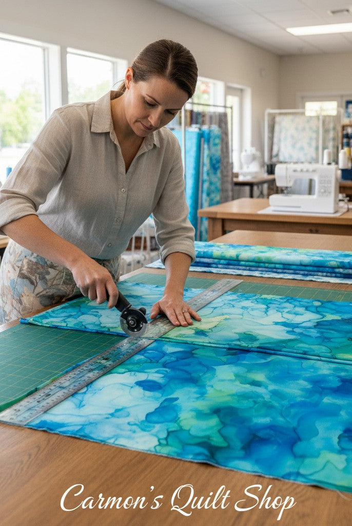 Carmon's Quilt Shop artisan cutting turquoise watercolor 108-inch wide cotton backing fabric on a studio table