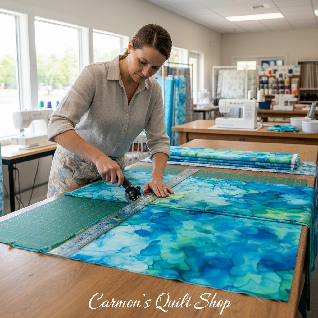 Carmon's Quilt Shop artisan cutting turquoise watercolor 108-inch wide cotton backing fabric on a studio table