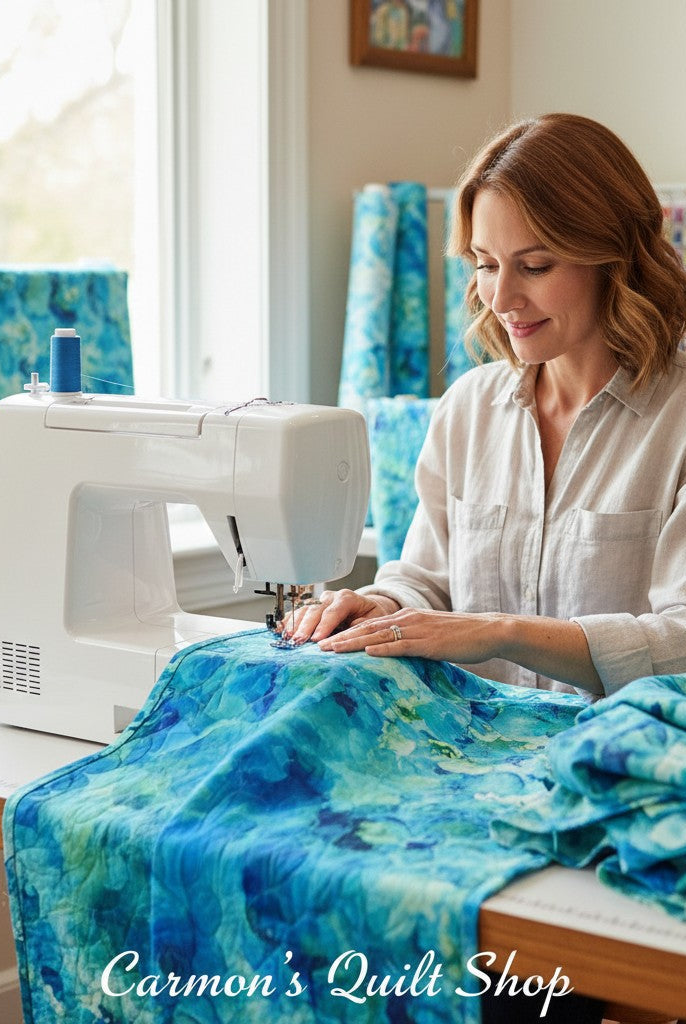 Woman sewing with Carmon's Quilt Shop Aura Watercolor turquoise 108-inch wide cotton backing fabric on a machine