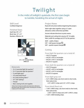 Carmon's Quilt Shop Forever Fabulous Fat Quarter Quilts pattern book page showing Twilight star quilt instructions
