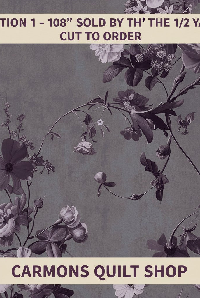 Carmon's Quilt Shop Vining Wisteria 108-inch wide backing fabric with elegant floral vine pattern in purple tones