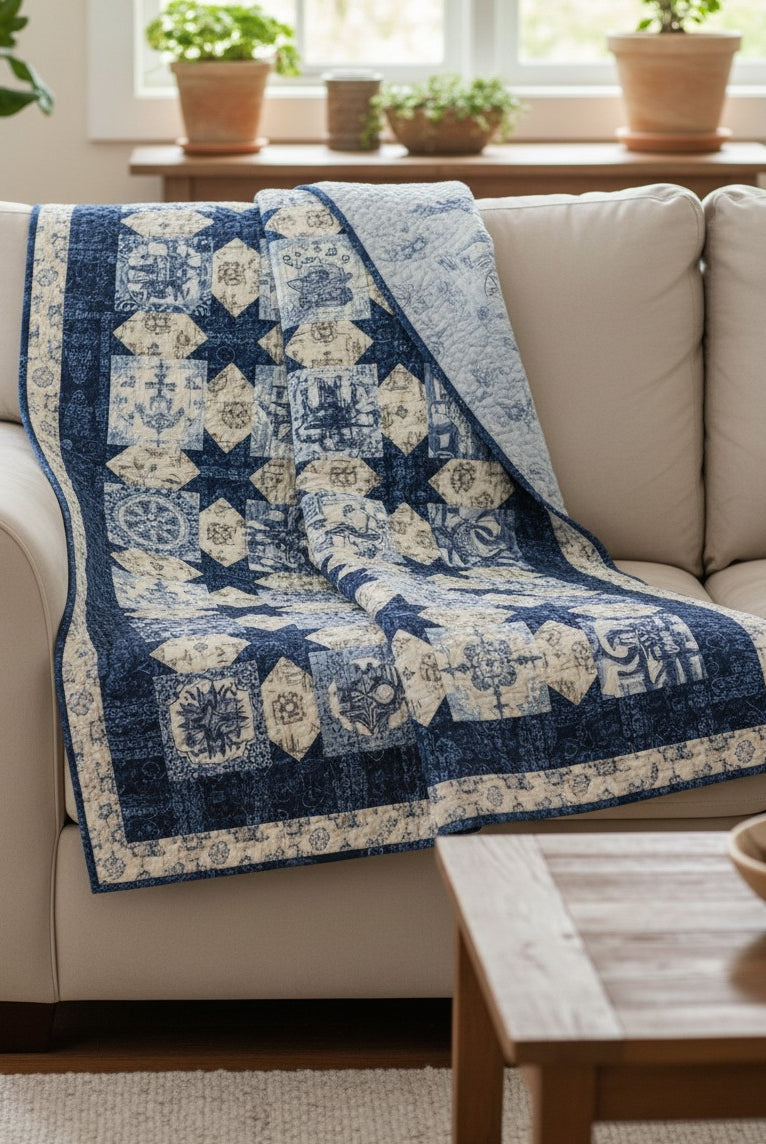 Carmon's Quilt Shop Vintage quilt pattern featuring blue and cream star motifs draped over a beige sofa.