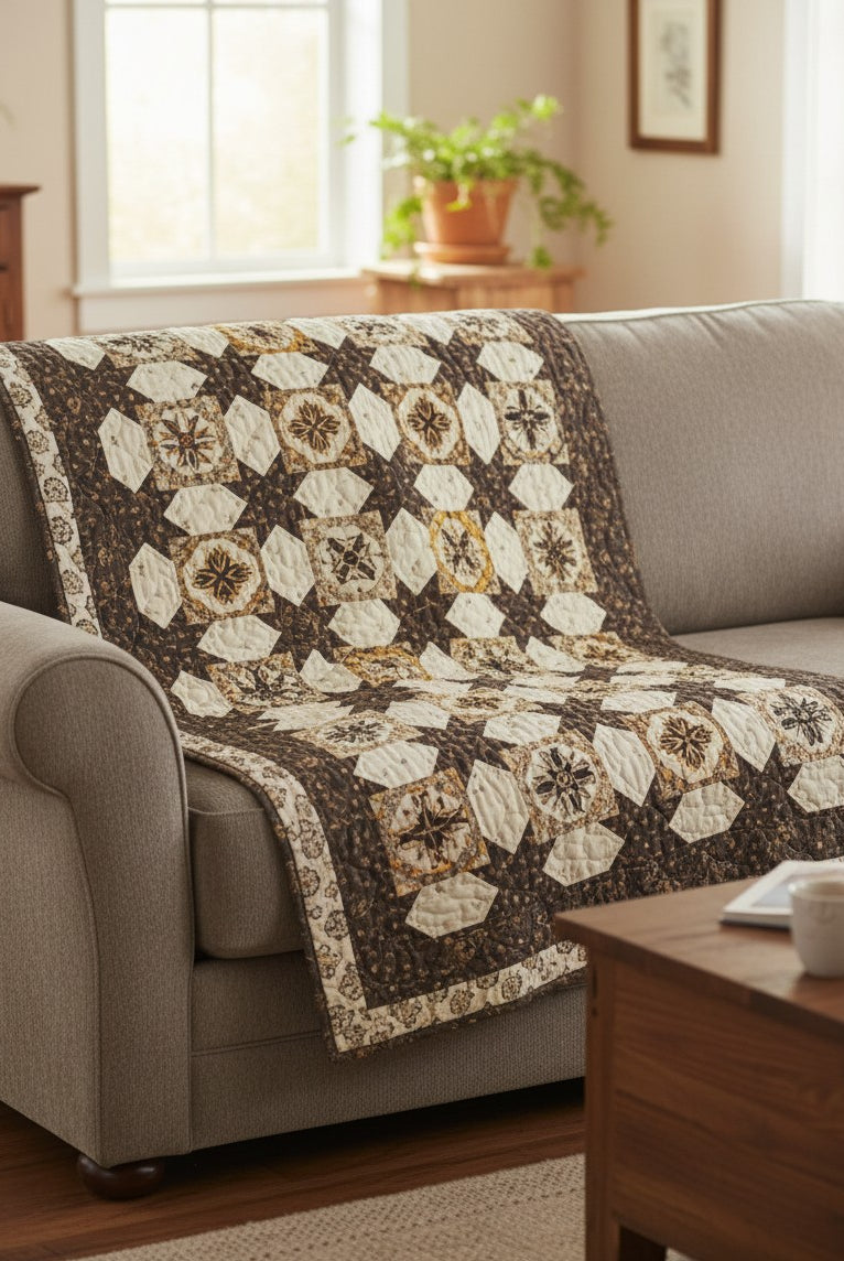 Carmon's Quilt Shop Fabric Café Vintage 3-yard quilt pattern featuring brown and cream star motifs on a sofa
