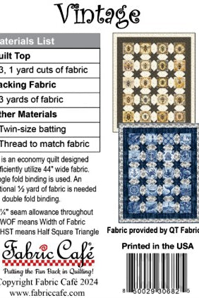 Carmon's Quilt Shop Fabric Café Vintage 3-yard quilt pattern instructions for a 43x52 inch lap quilt.
