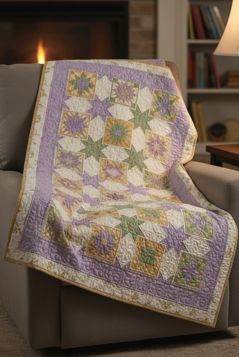 Carmon's Quilt Shop Fabric Café Vintage quilt pattern featuring purple, green, and gold star blocks on a cozy armchair.