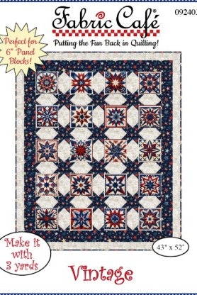 Carmon's Quilt Shop Fabric Café Vintage quilt pattern featuring a red, white, and blue star design for 6-inch panels.