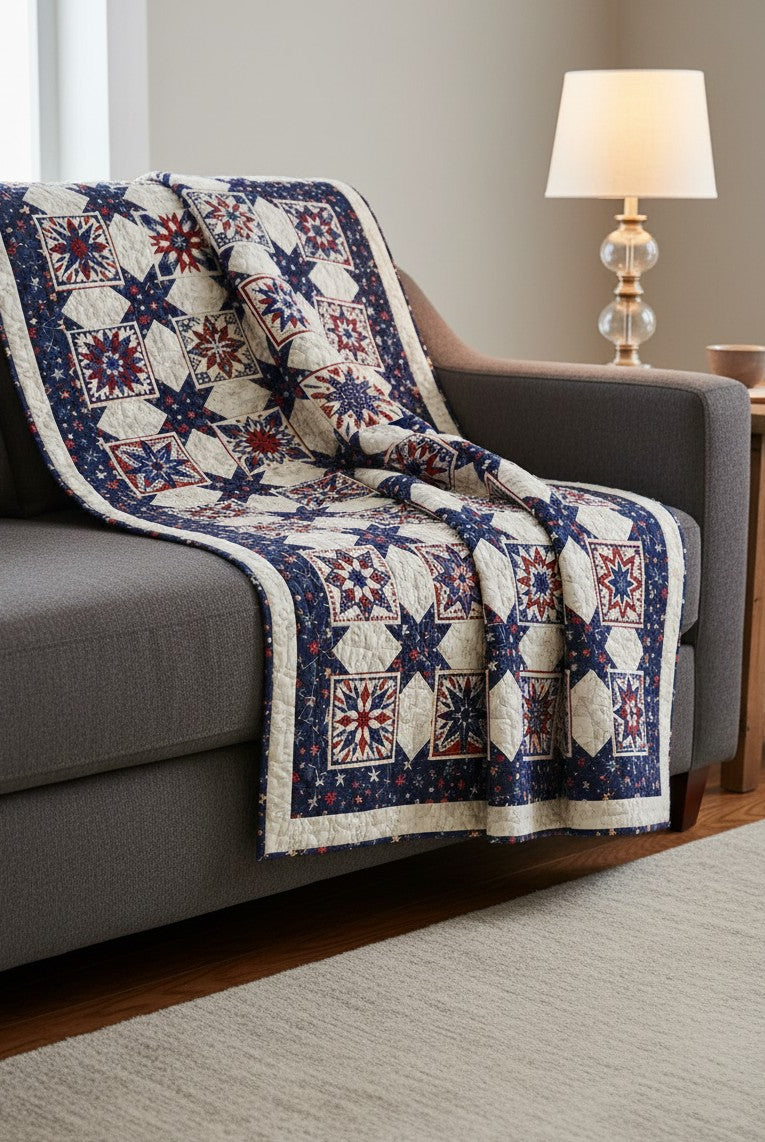 Carmon's Quilt Shop Fabric Café Vintage quilt featuring a red, white, and blue star pattern draped over a grey sofa.