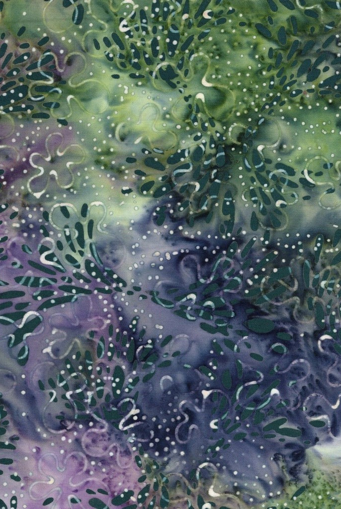 Carmon's Quilt Shop Vintner's Treasure Island Batik fabric in purple and green with abstract coral-like patterns
