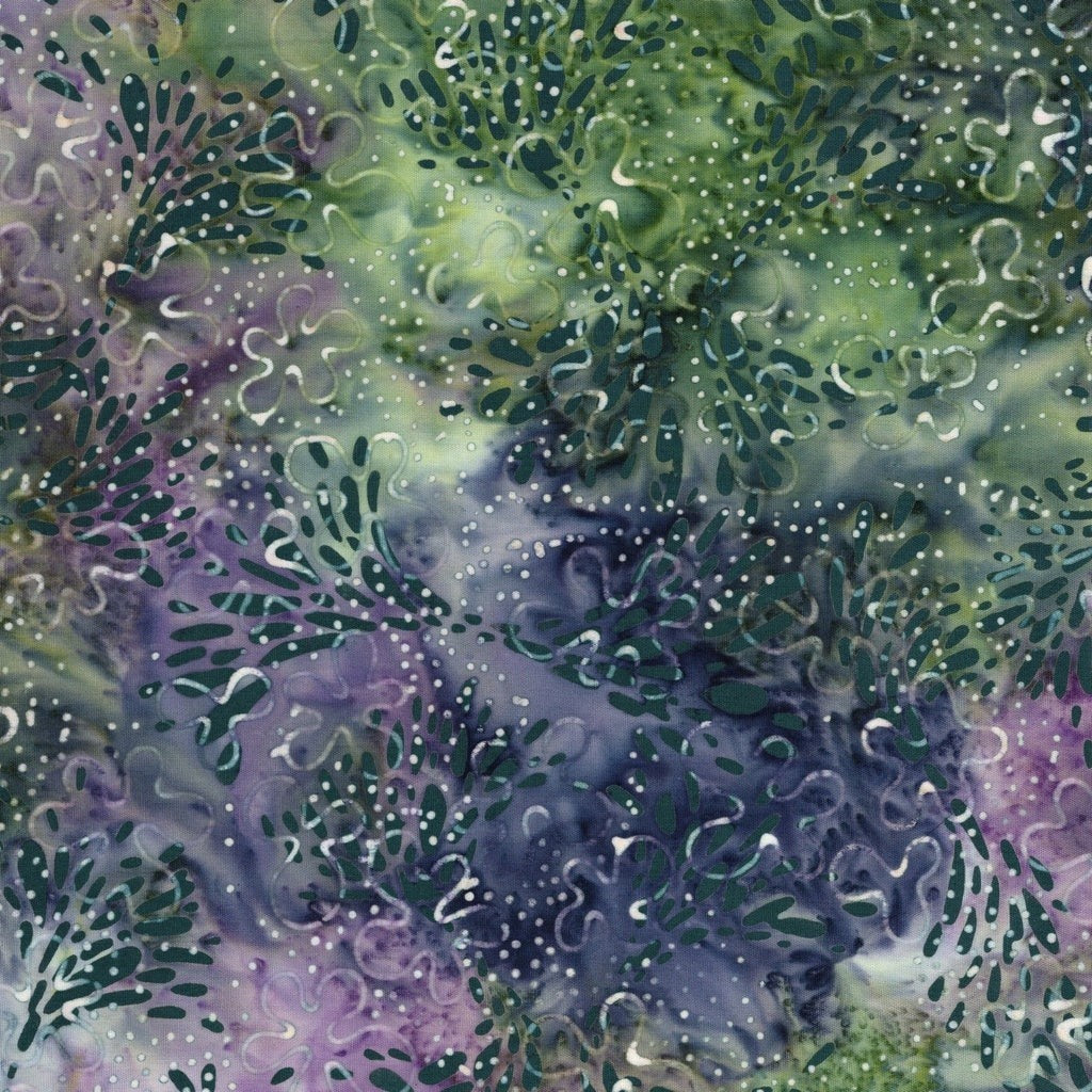 Carmon's Quilt Shop Vintner's Treasure Island Batik fabric in purple and green with abstract coral-like patterns