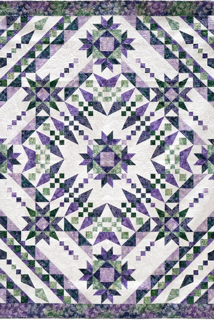 Carmon's Quilt Shop Vintner's Treasure batik quilt featuring a purple and green starburst geometric pattern in cotton.