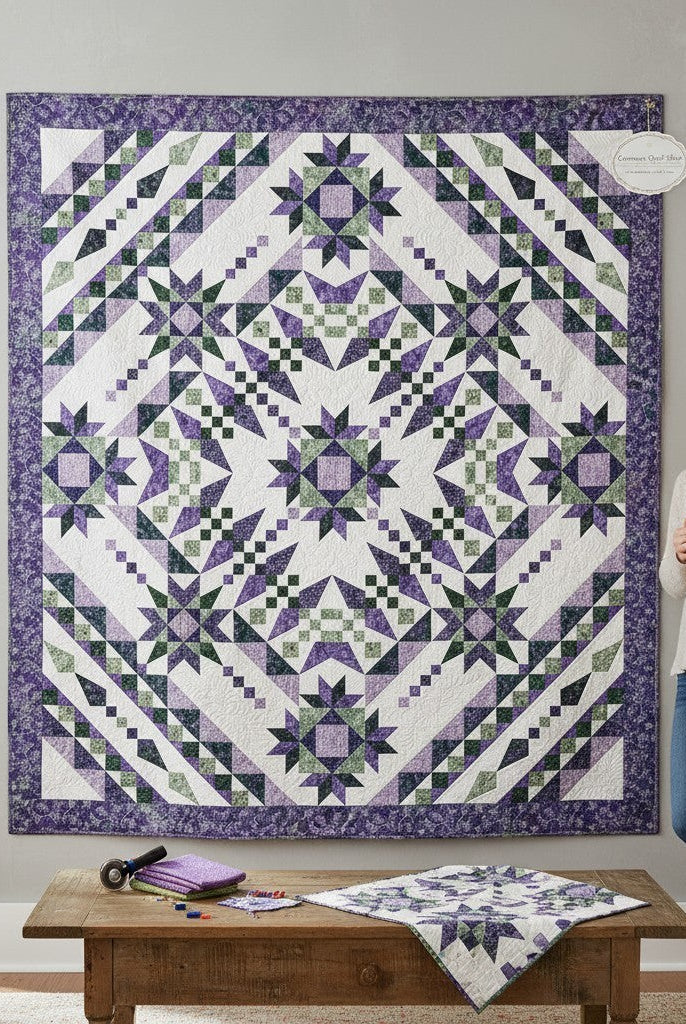 Carmon's Quilt Shop Vintner's Treasure batik quilt featuring purple and green starburst patterns on a wall