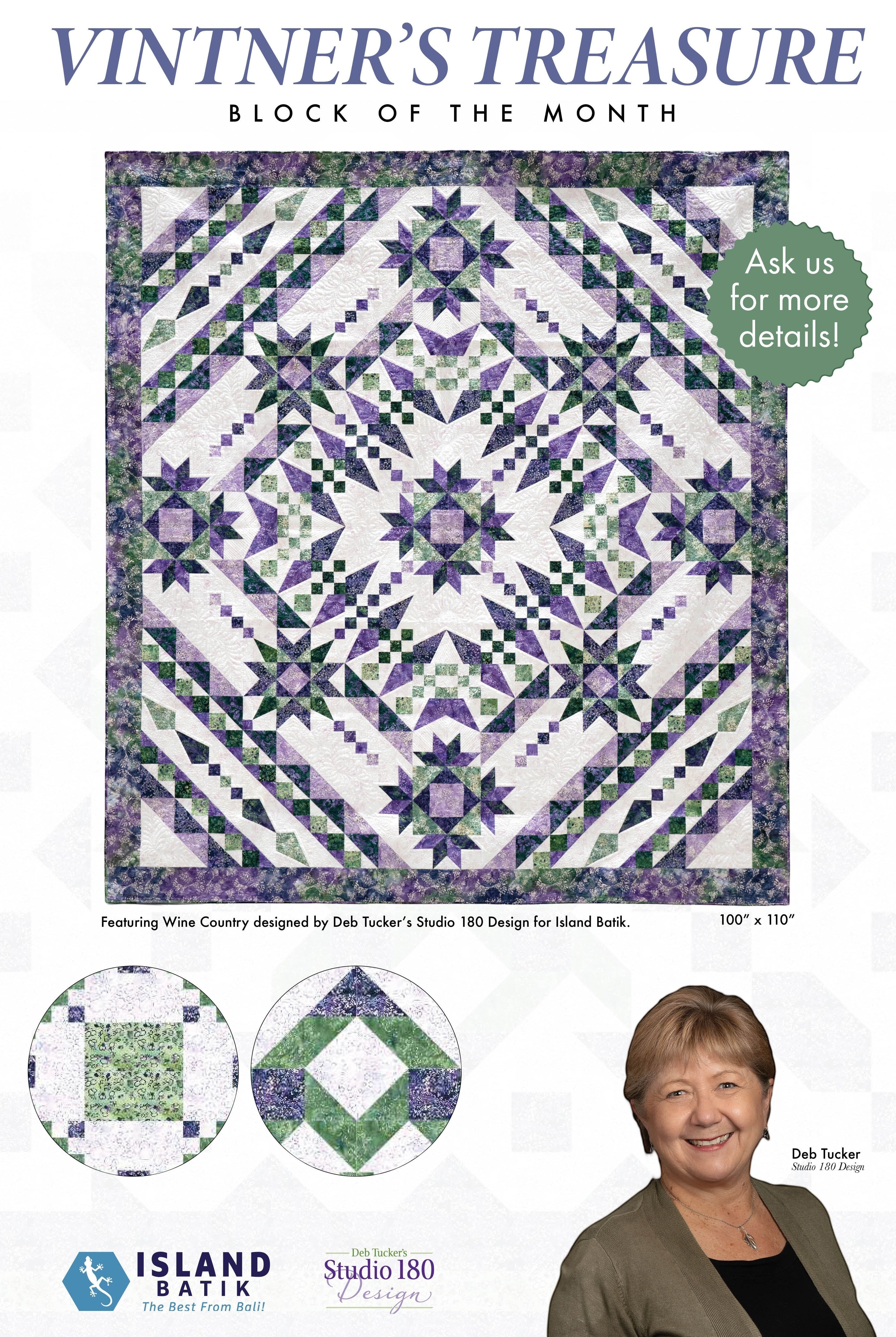 Carmon's Quilt Shop Vintner's Treasure Island Batik quilt featuring a purple and green starburst design by Deb Tucker