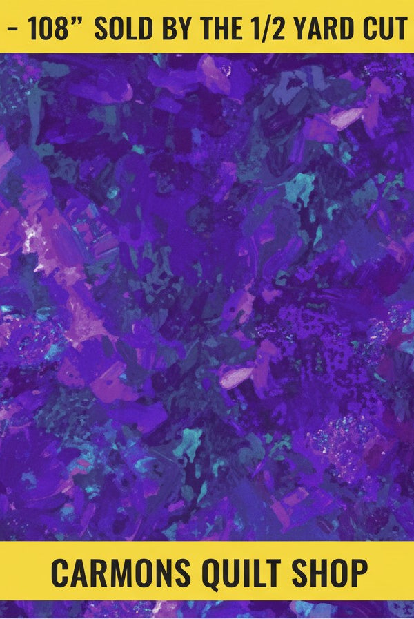 Carmon's Quilt Shop Chroma violet purple 108-inch wide 100% cotton quilting fabric with abstract brushstroke texture.