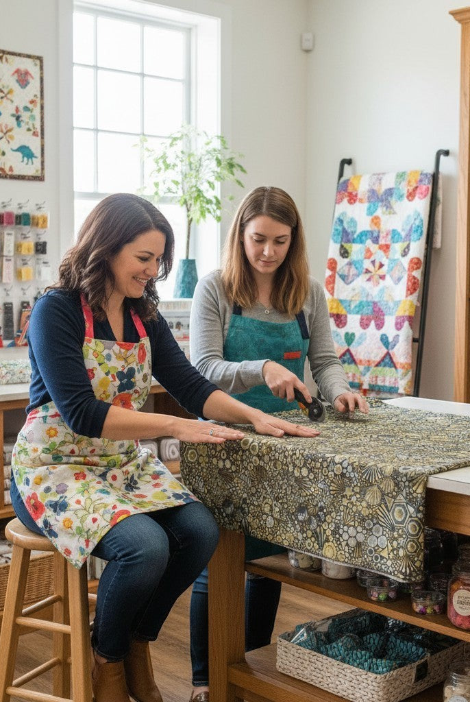 Two women cutting walnut geometric starburst hexagon fabric at Carmon's Quilt Shop for a quilting project.
