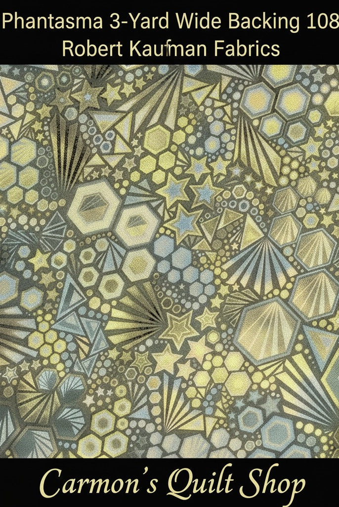 Carmon's Quilt Shop walnut Phantasma 108-inch cotton quilt backing with geometric starburst and hexagon print.