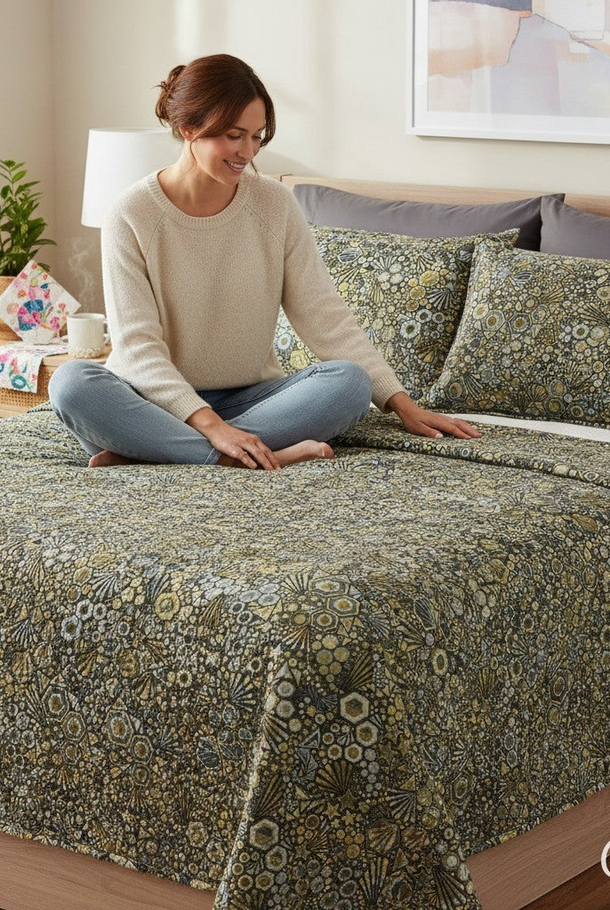 Carmon's Quilt Shop walnut geometric starburst hexagon cotton quilt backing on a bed with a woman sitting on it