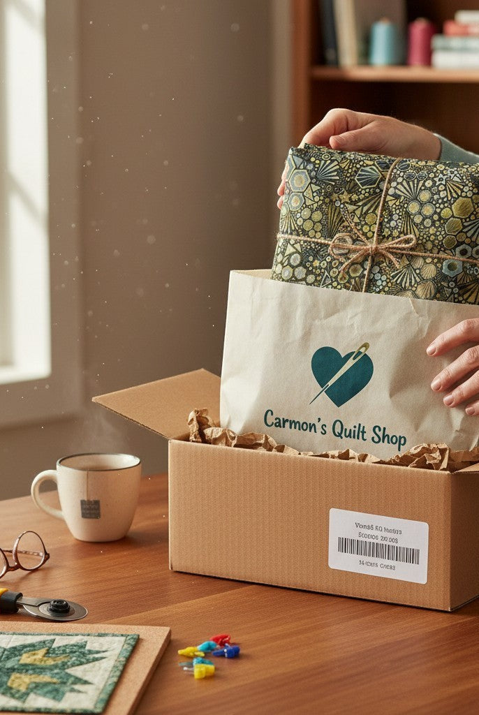Carmon's Quilt Shop order featuring Walnut Phantasma geometric cotton fabric packaged in a branded gift bag