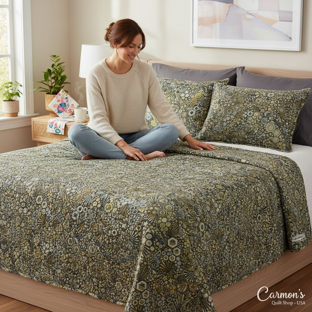 Carmon's Quilt Shop Walnut Phantasma fabric: geometric starbursts, hexagons, and stars in gold, grey, and black. 100% cotton.