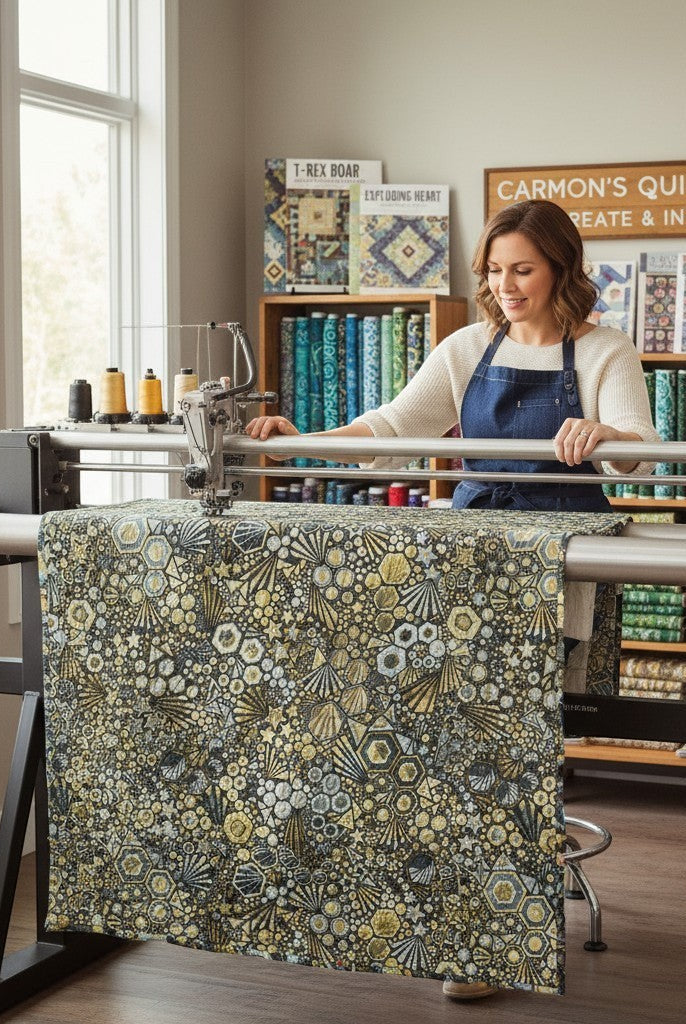 Carmon's Quilt Shop owner using a longarm machine with Walnut Phantasma geometric starburst hexagon cotton fabric.