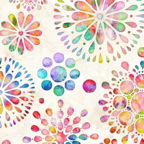 Carmon's Quilt Shop QT Fabrics Panorama cotton fabric featuring colorful watercolor circle medallion patterns