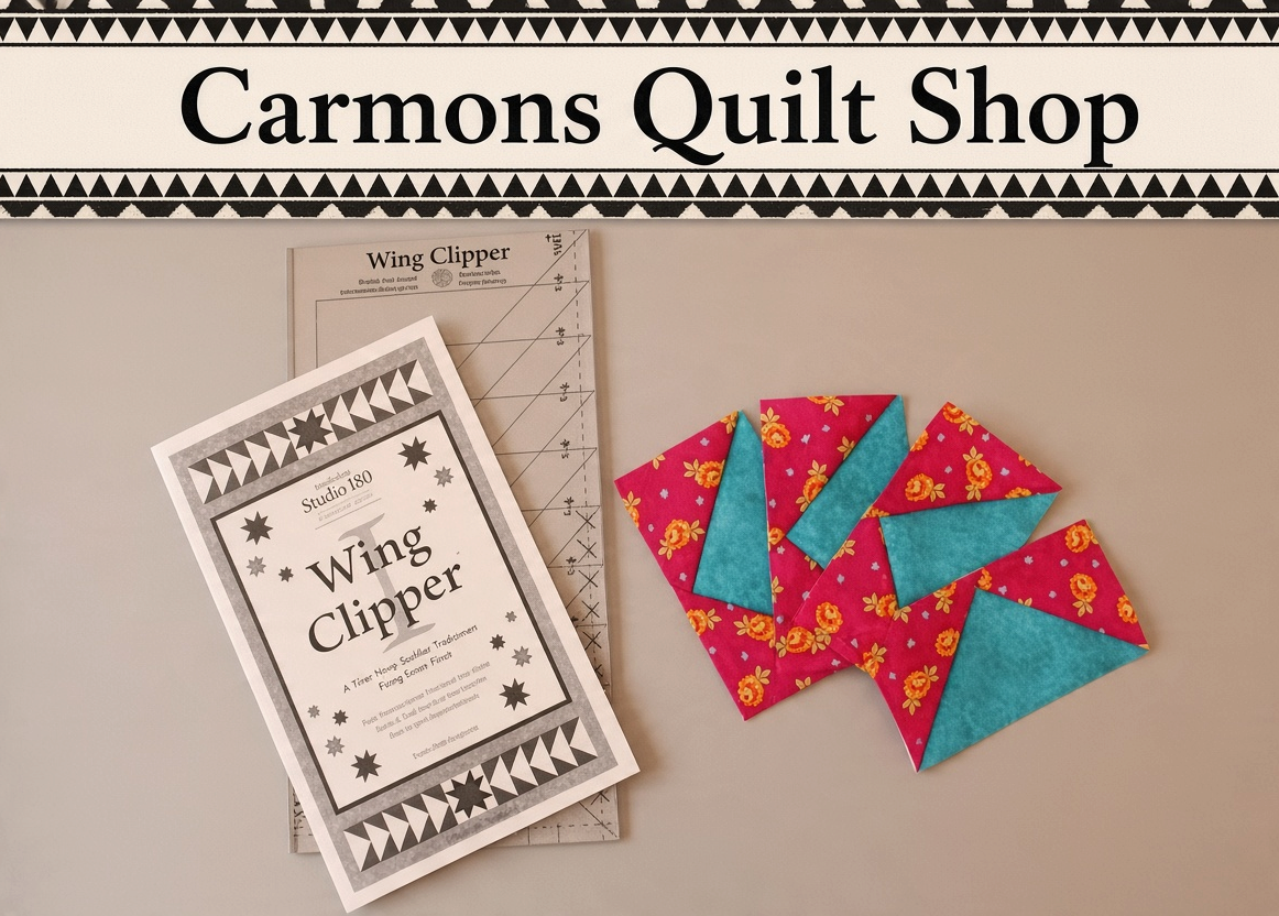 Carmon's Quilt Shop Studio 180 Design Wing Clipper acrylic quilting ruler with floral Flying Geese fabric units
