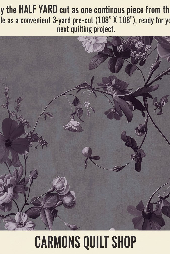Carmon's Quilt Shop Vining Wisteria 108 inch wide backing fabric featuring elegant floral vines in purple tones.