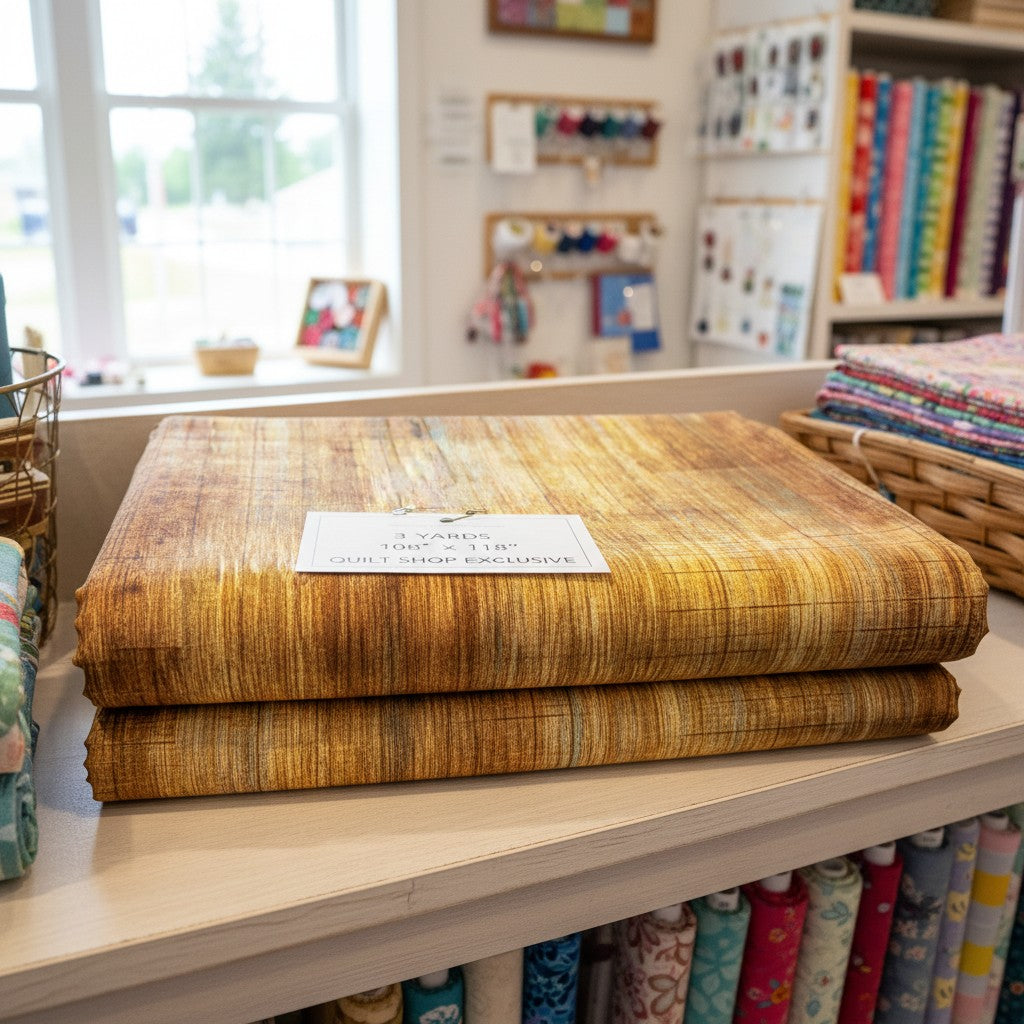 Carmon's Quilt Shop Panorama wood textured abstract cotton fabric folded on a shelf in a craft store