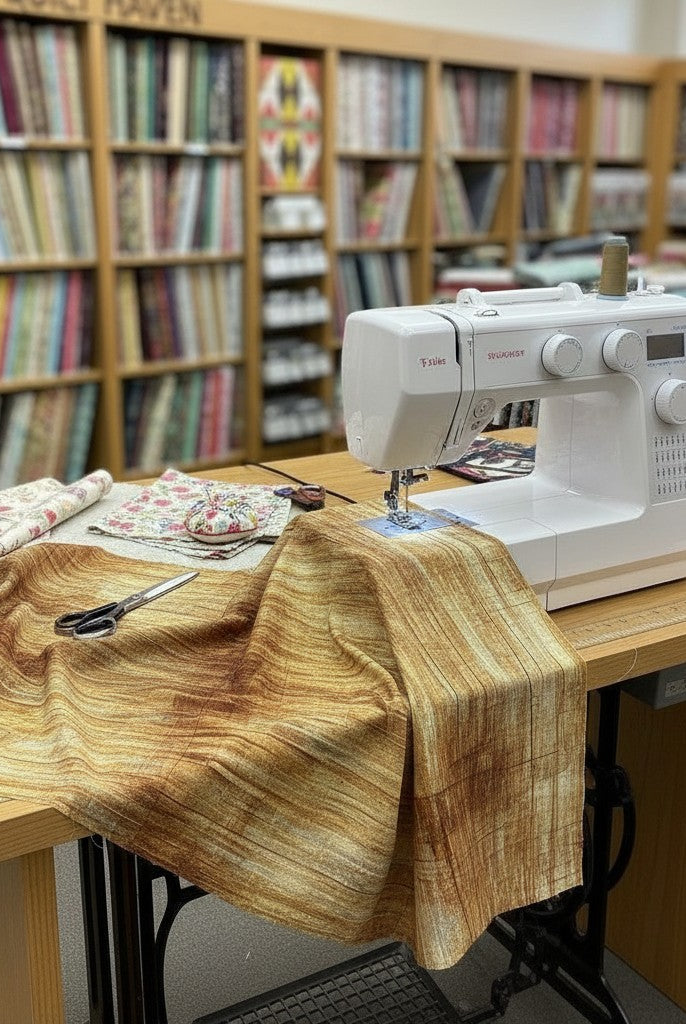 Carmon's Quilt Shop Panorama wood textured cotton fabric draped over a sewing machine in a fabric store