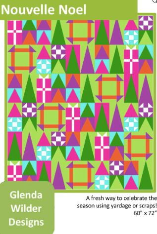 Colorful geometric patterned fabric with 'Nouvelle Noel' branding and design details.