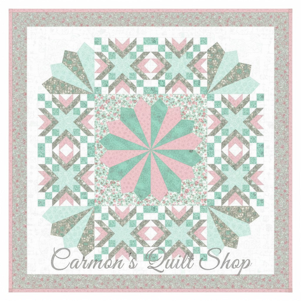 Carmon's Quilt Shop Floating Dresden quilt kit featuring floral Quilting In Bloom cotton fabric in pink and mint