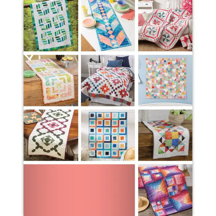 Collage of various colorful quilt patterns on tables and beds.