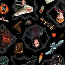 Collage of Harry Potter-themed designs including house crests, characters, and magical items.