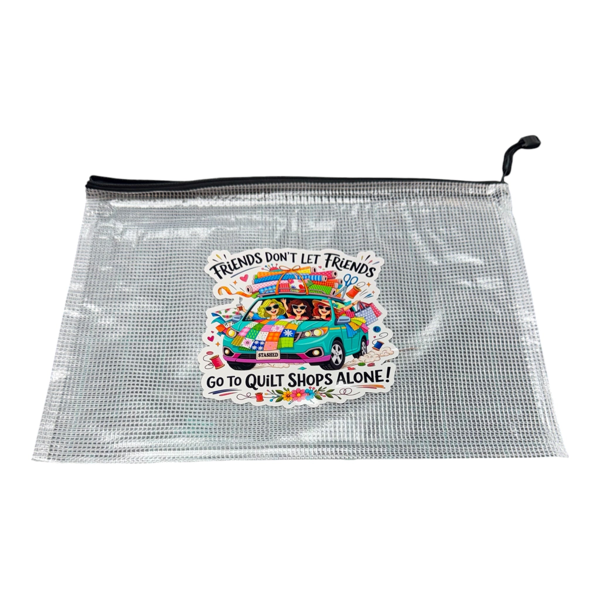 Clear pouch with a colorful graphic and text on a white background