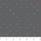 Multicolored polka dots on a gray background with a fabric swatch at the bottom.