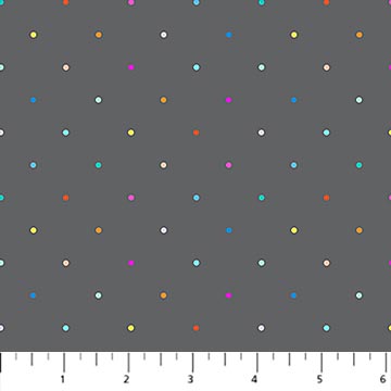 Multicolored polka dots on a gray background with a fabric swatch at the bottom.