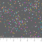 Colorful confetti pattern on a gray background with a fabric swatch at the bottom.