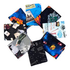 Collection of themed fabric swatches with various designs on a white background