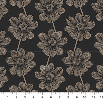 Pattern of brown flowers on a black background with a ruler at the bottom.
