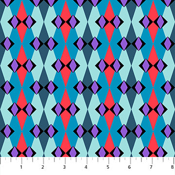 Geometric pattern fabric with red, blue, and purple diamonds on a white background